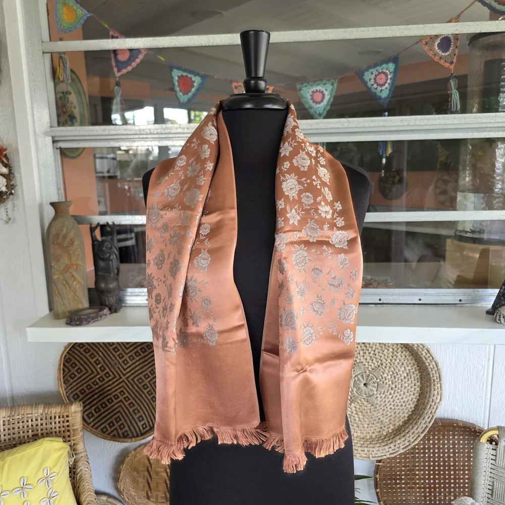Vintage 70s Silky Woven Floral Scarf Copper Shimmer Boho Chic